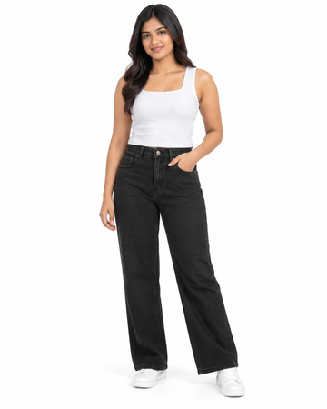 Women's Washed Charcoal High-Rise Straight Wide-Leg Jeans - Full Length Standing View