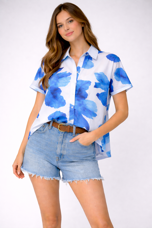 Floral Print Oversized Button-Down Shirt Blouse for girls