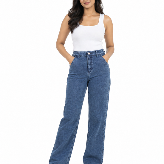 Women's Damask Pattern High-Waisted Wide-Leg Denim Jeans - Full Length Front View