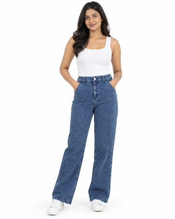 Women's Damask Pattern High-Waisted Wide-Leg Denim Jeans - Full Length Front View