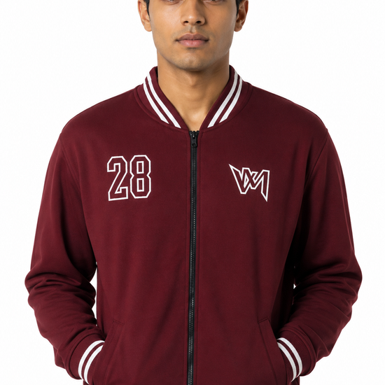 Men's maroon varsity bomber jacket front view