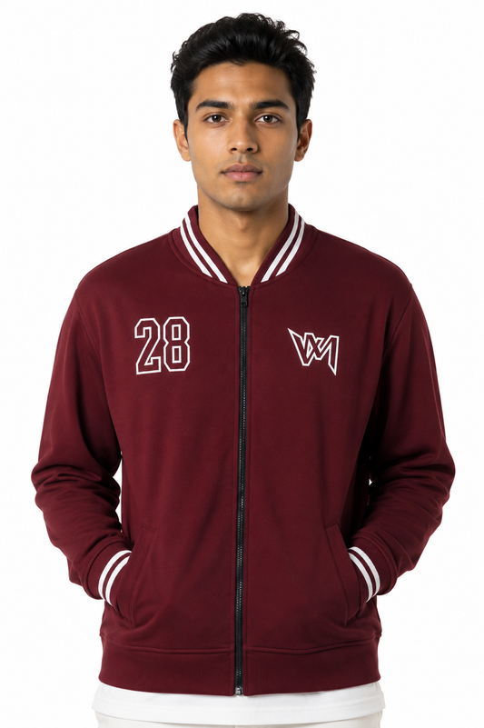 Men's maroon varsity bomber jacket front view