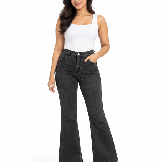 Women's High-Waisted Washed Black Flared Bootcut Jeans - Full Length Standing View