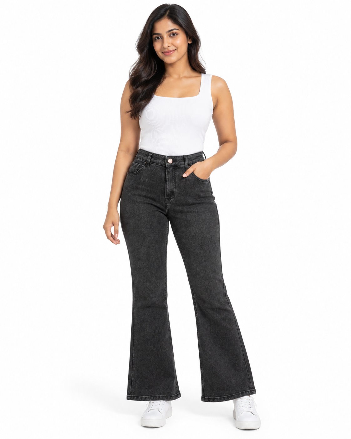 Women's High-Waisted Washed Black Flared Bootcut Jeans - Full Length Standing View