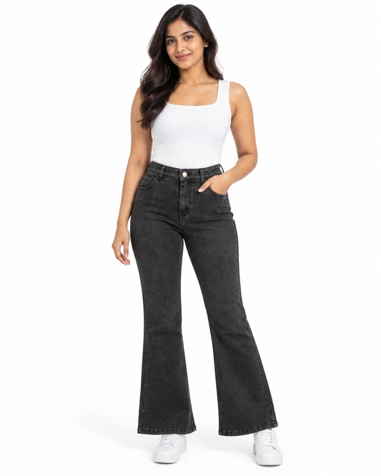 Women's High-Waisted Washed Black Flared Bootcut Jeans - Full Length Standing View