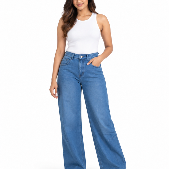 Women's High-Rise Wide-Leg Relaxed Fit Denim Jeans - Full Length Standing View