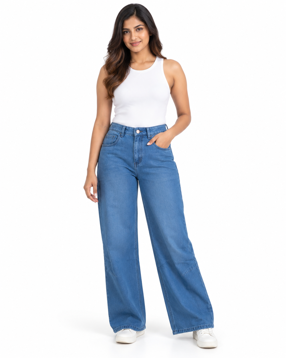 Women's High-Rise Wide-Leg Relaxed Fit Denim Jeans - Full Length Standing View