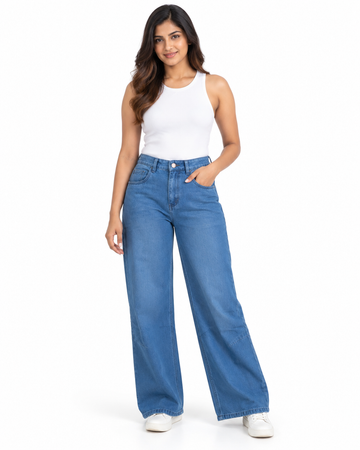 Women's High-Rise Wide-Leg Relaxed Fit Denim Jeans - Full Length Standing View