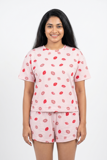 Women's Blush Pink Loungewear Pajama Set — Crew Neck Short Sleeve Nightwear