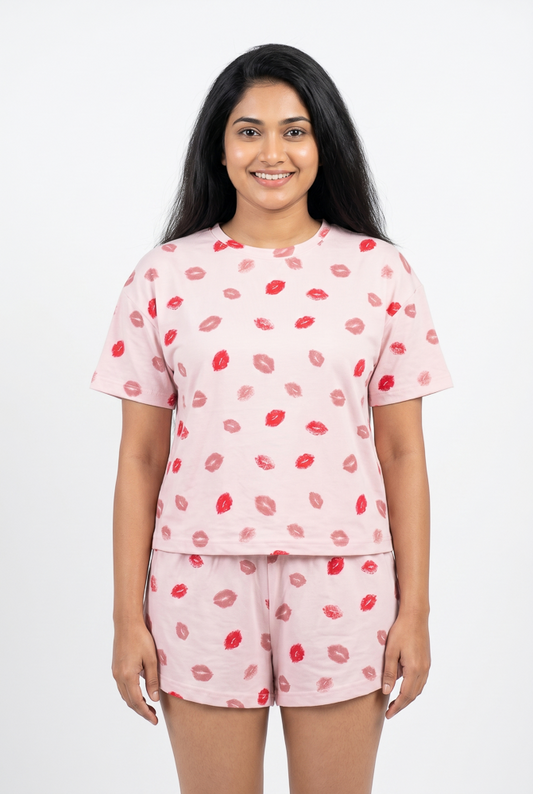 Women's Blush Pink Loungewear Pajama Set — Crew Neck Short Sleeve Nightwear