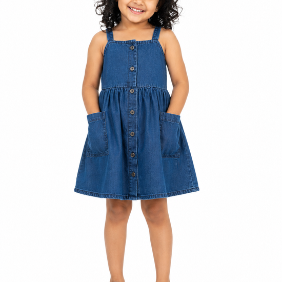 Girls' blue button-front denim pinafore dress front view