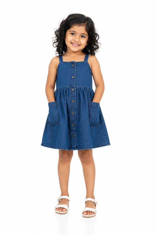 Girls' blue button-front denim pinafore dress front view