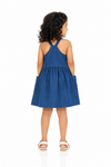 Girls' blue denim pinafore dress crossed back view