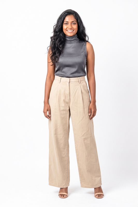 Women's Cream High-Waist Wide-Leg Trousers