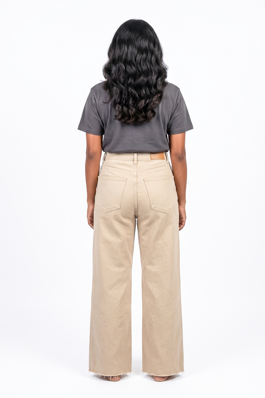 Women's Beige Raw-Hem Wide-Leg Jeans