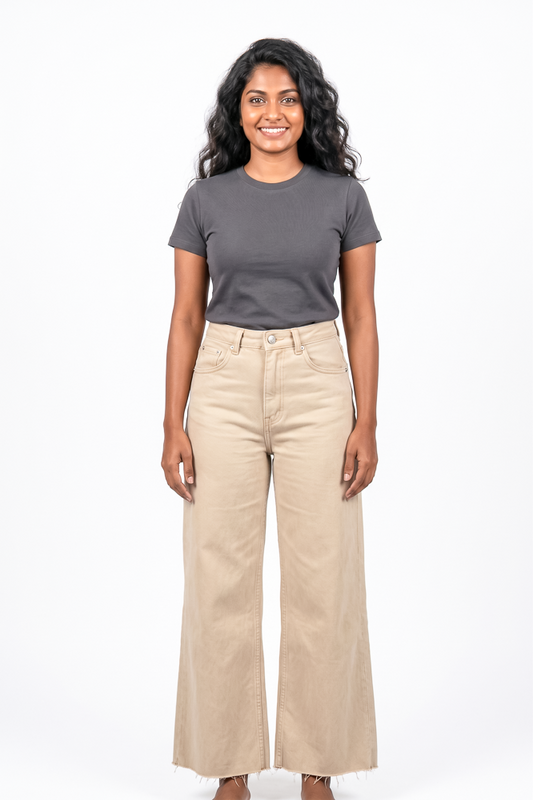 Women's Beige Raw-Hem Wide-Leg Jeans