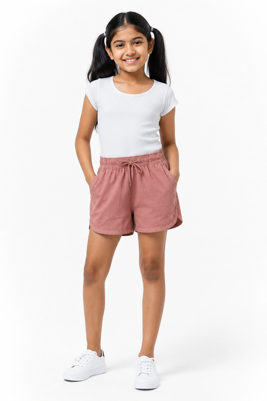 Girls' light pink drawstring casual shorts