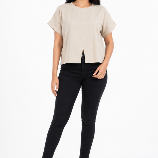 Women's beige front split short sleeve top