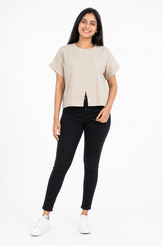 Women's beige front split short sleeve top