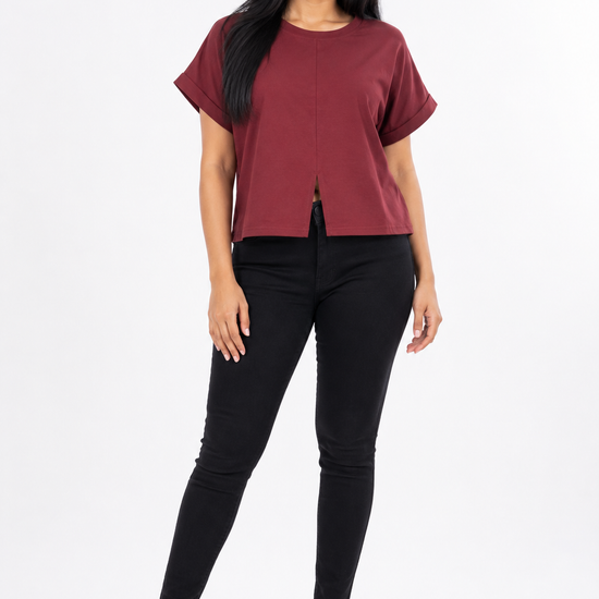 Women's brown front split short sleeve top
