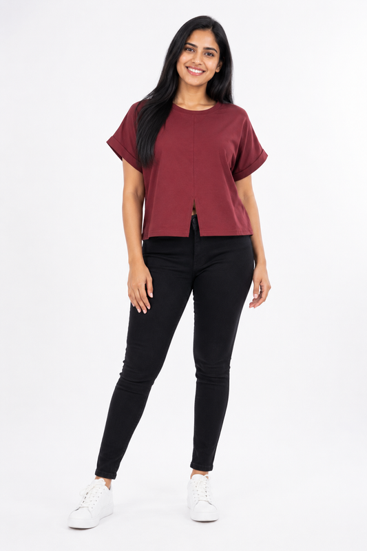 Women's brown front split short sleeve top
