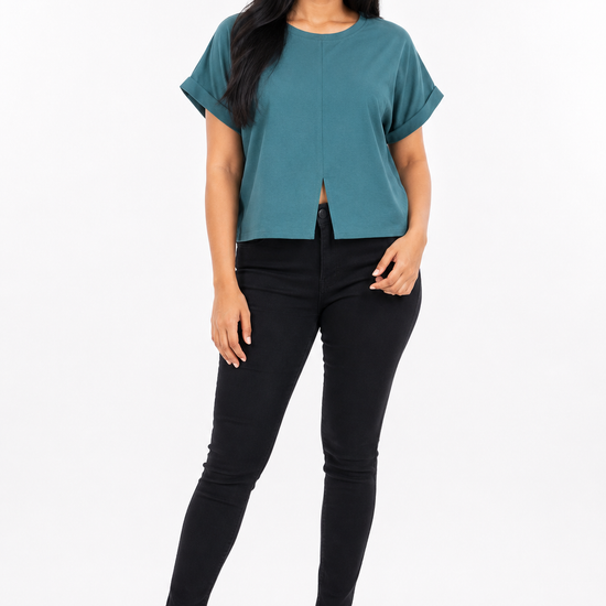 Women's green front split short sleeve top