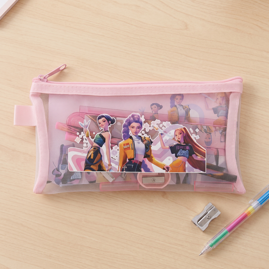 Pink KPop Demon Hunters mesh pencil pouch with character print