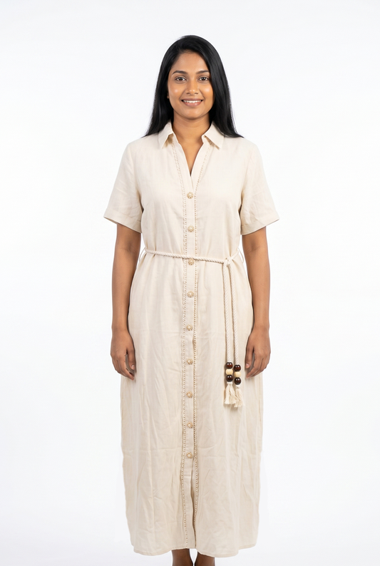 L Beige women's plain belted shirt dress