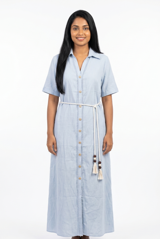L Blue women's plain belted shirt dress