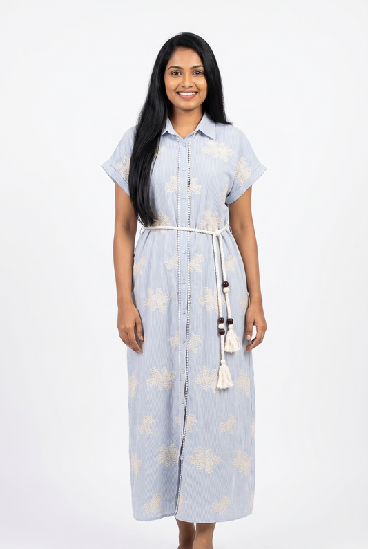 L Blue women's printed belted shirt dress
