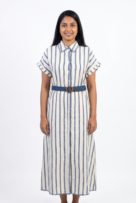 L Blue women's striped belted shirt dress