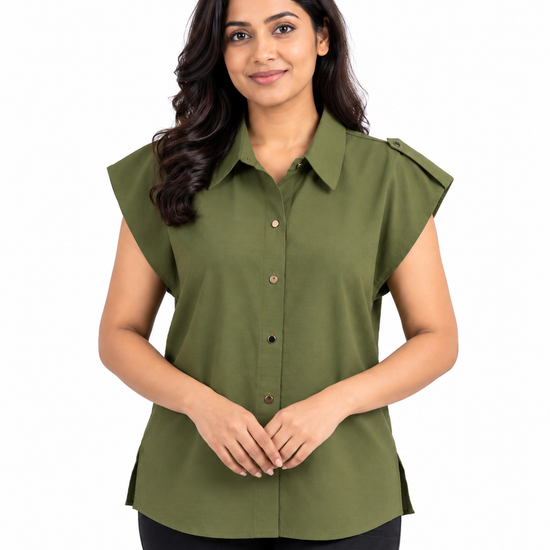 Isle Closet Women's Shoulder Tab Button-Down Collared Blouse - Front View