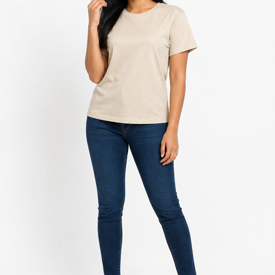 Women's plain crew-neck short-sleeve T-shirt - Beige variant