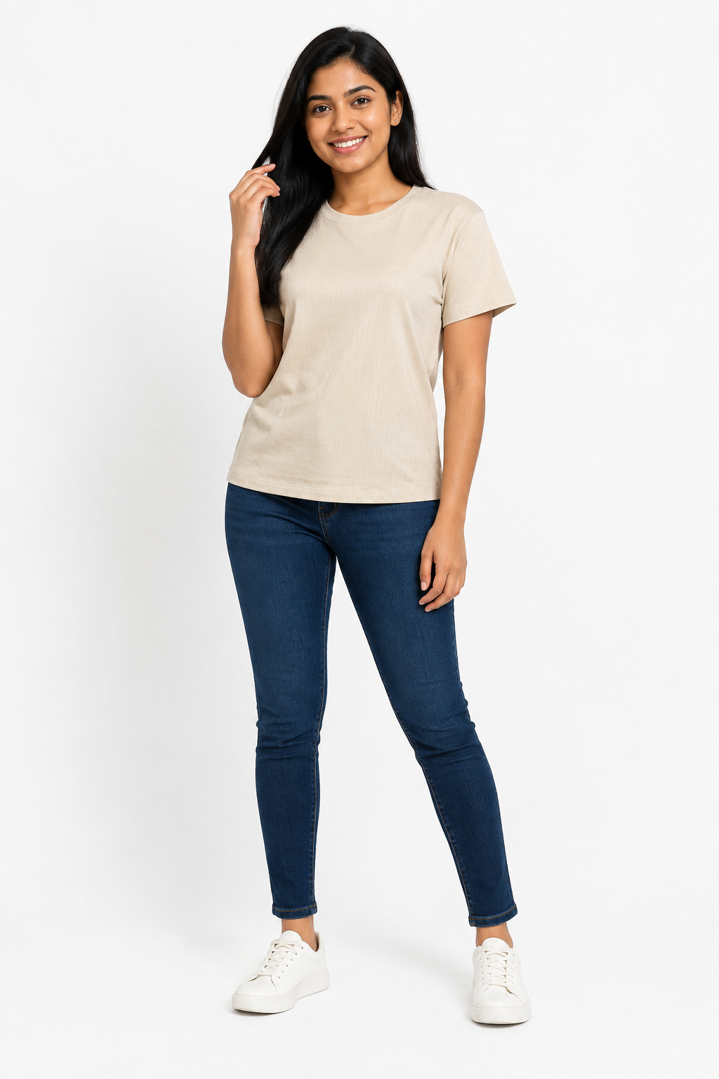 Women's plain crew-neck short-sleeve T-shirt - Beige variant