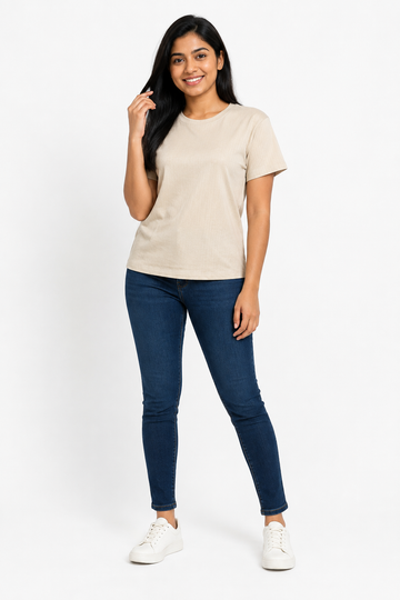 Women's plain crew-neck short-sleeve T-shirt - Beige variant