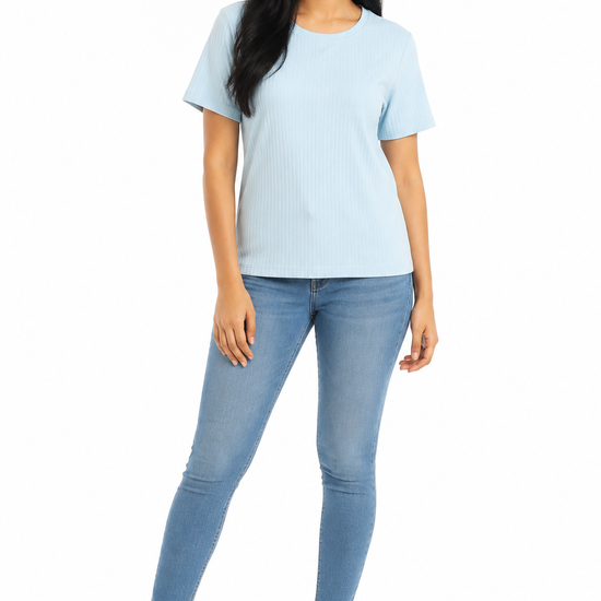 Women's light blue ribbed crew neck T-shirt