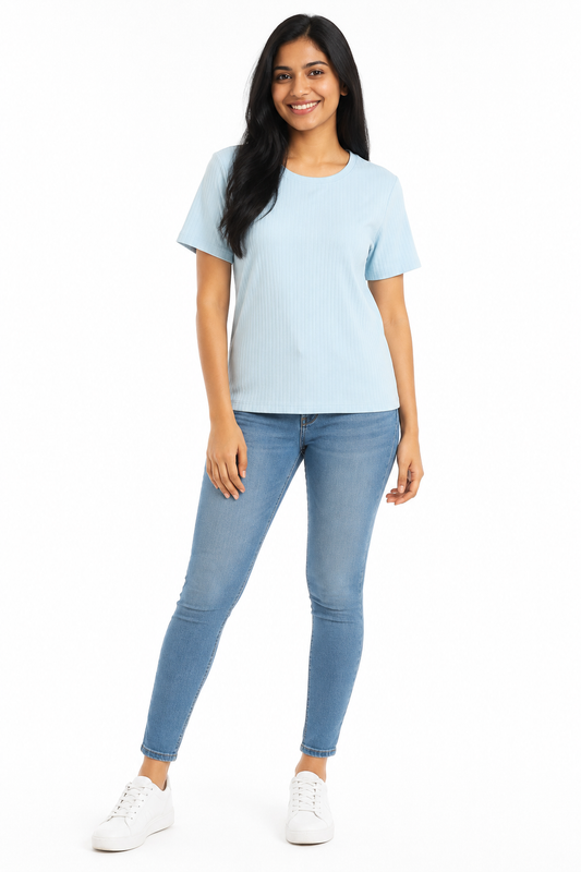 Women's light blue ribbed crew neck T-shirt
