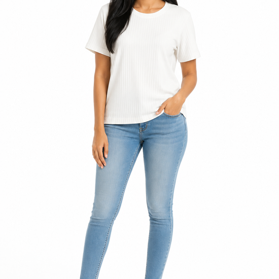Women's white ribbed crew neck T-shirt