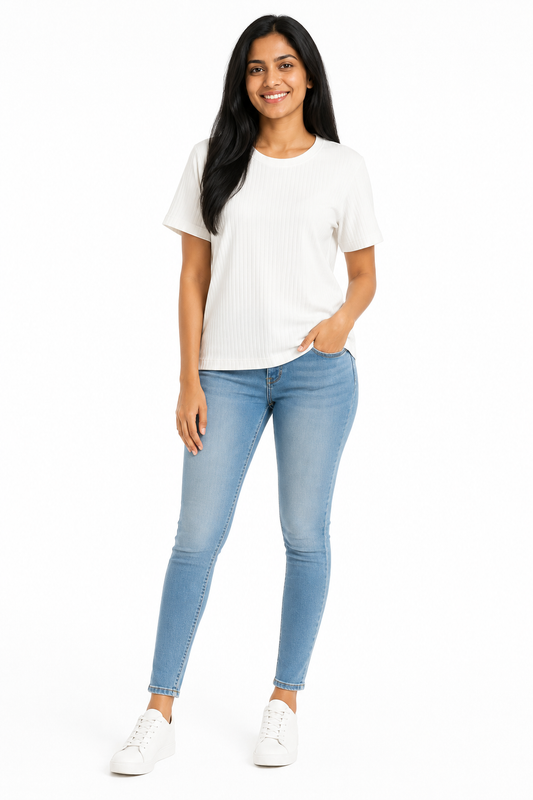 Women's white ribbed crew neck T-shirt
