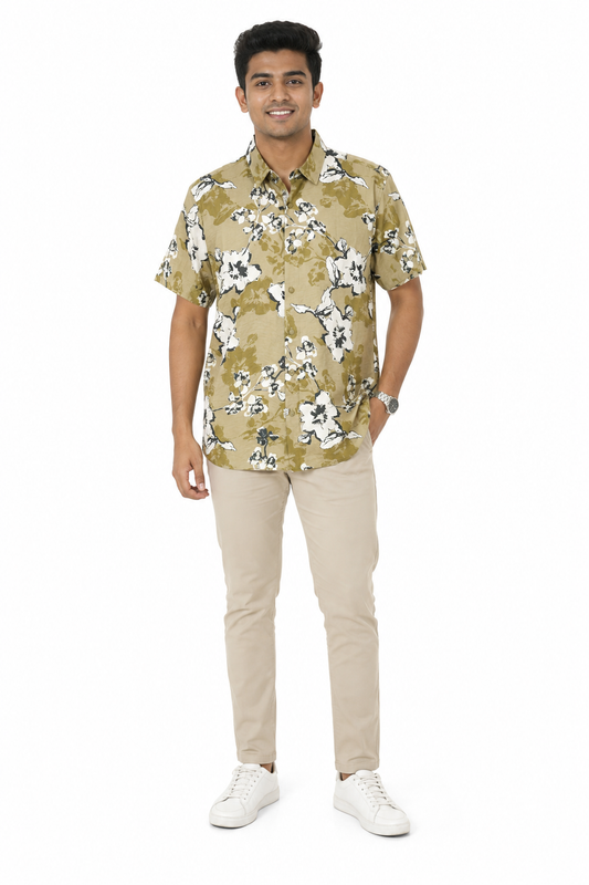 Men's beige and green short sleeve shirt - view 2