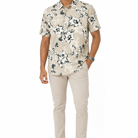 Men's beige and green short sleeve shirt - view 1