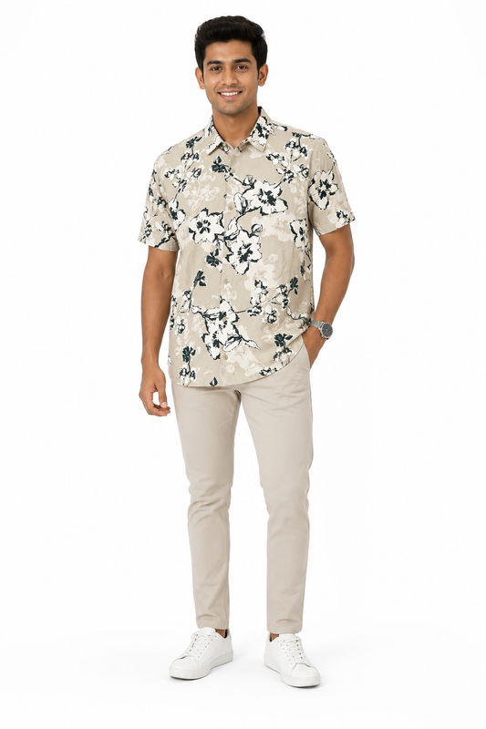 Men's beige and green short sleeve shirt - view 1