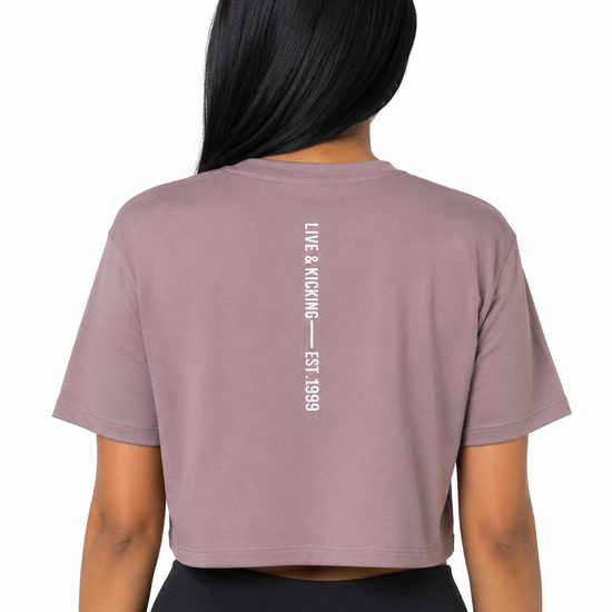 Back view of women's mauve cropped T-shirt