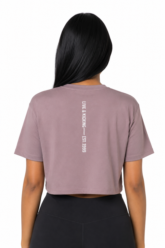 Back view of women's mauve cropped T-shirt