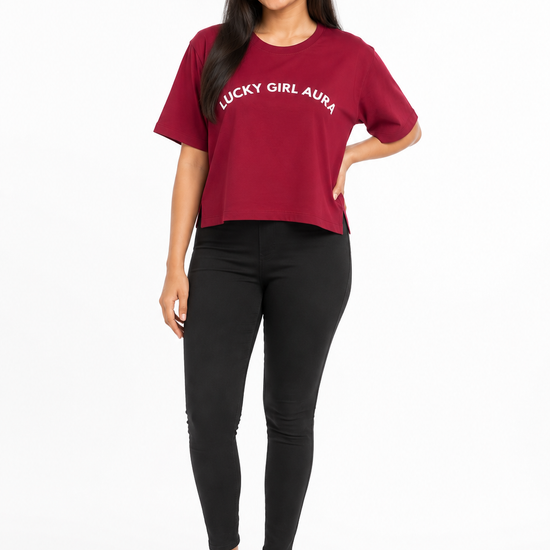 Women's maroon graphic T-shirt with front print