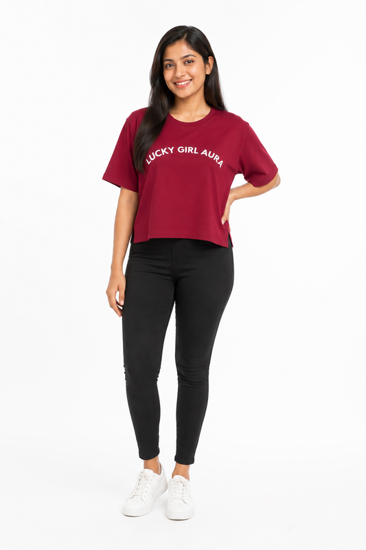 Women's maroon graphic T-shirt with front print