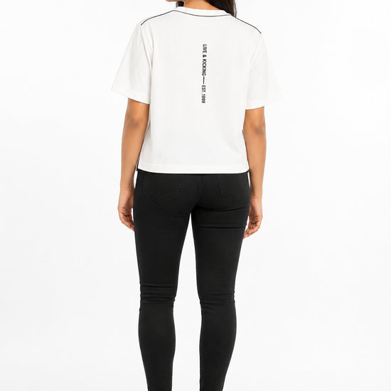 Back view of women's white graphic T-shirt