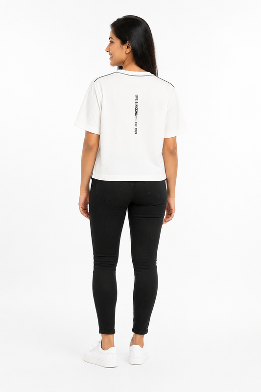 Back view of women's white graphic T-shirt