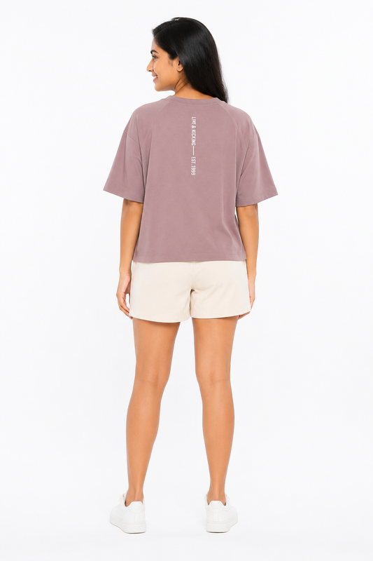 Back view of women's lilac graphic T-shirt