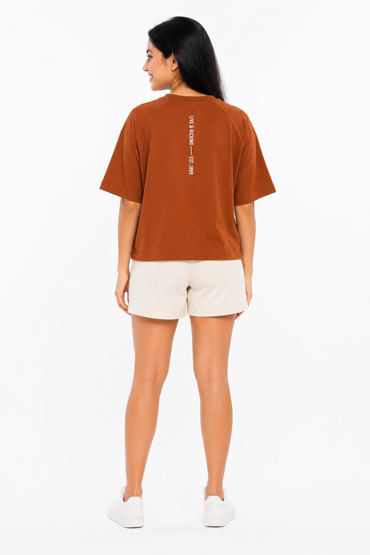 Back view of women's rust graphic T-shirt